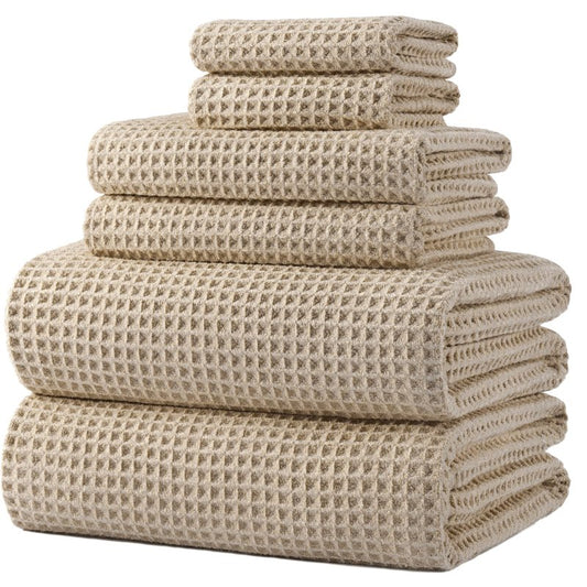 POLYTE 430 GSM Microfiber Quick Dry Lint Free Oversize Bath Towel Set, 6 Piece (Waffle Weave)