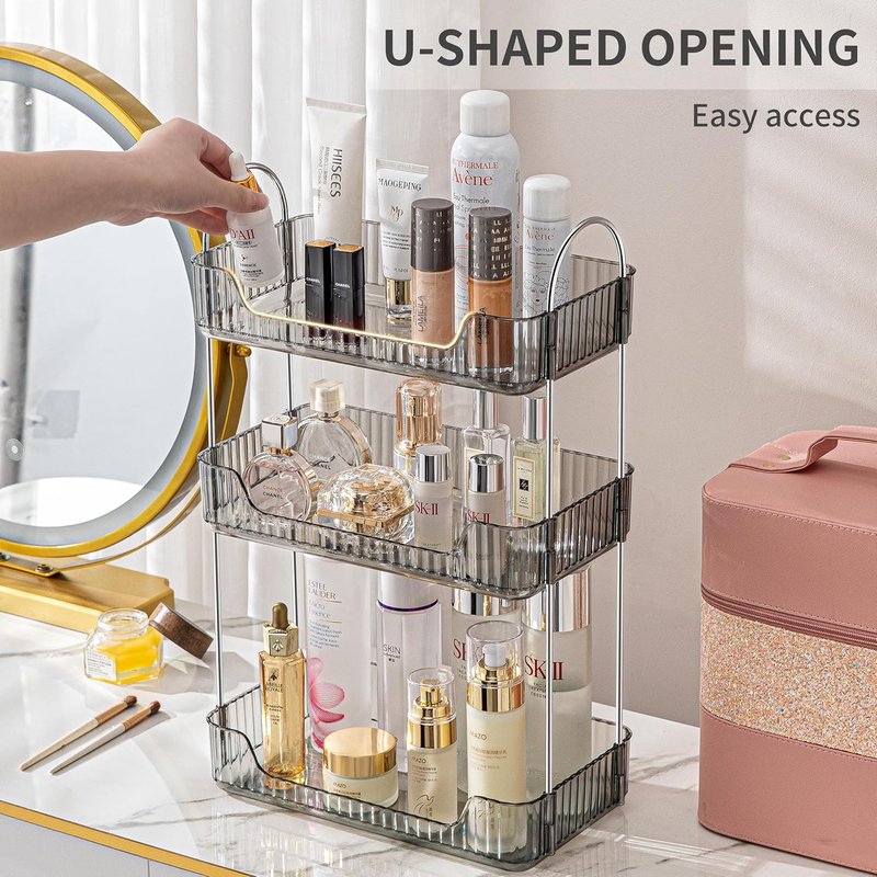 3-Tier Bathroom Organizer - Countertop Makeup & Perfume Tray | Skincare Storage for Vanity (Grey)