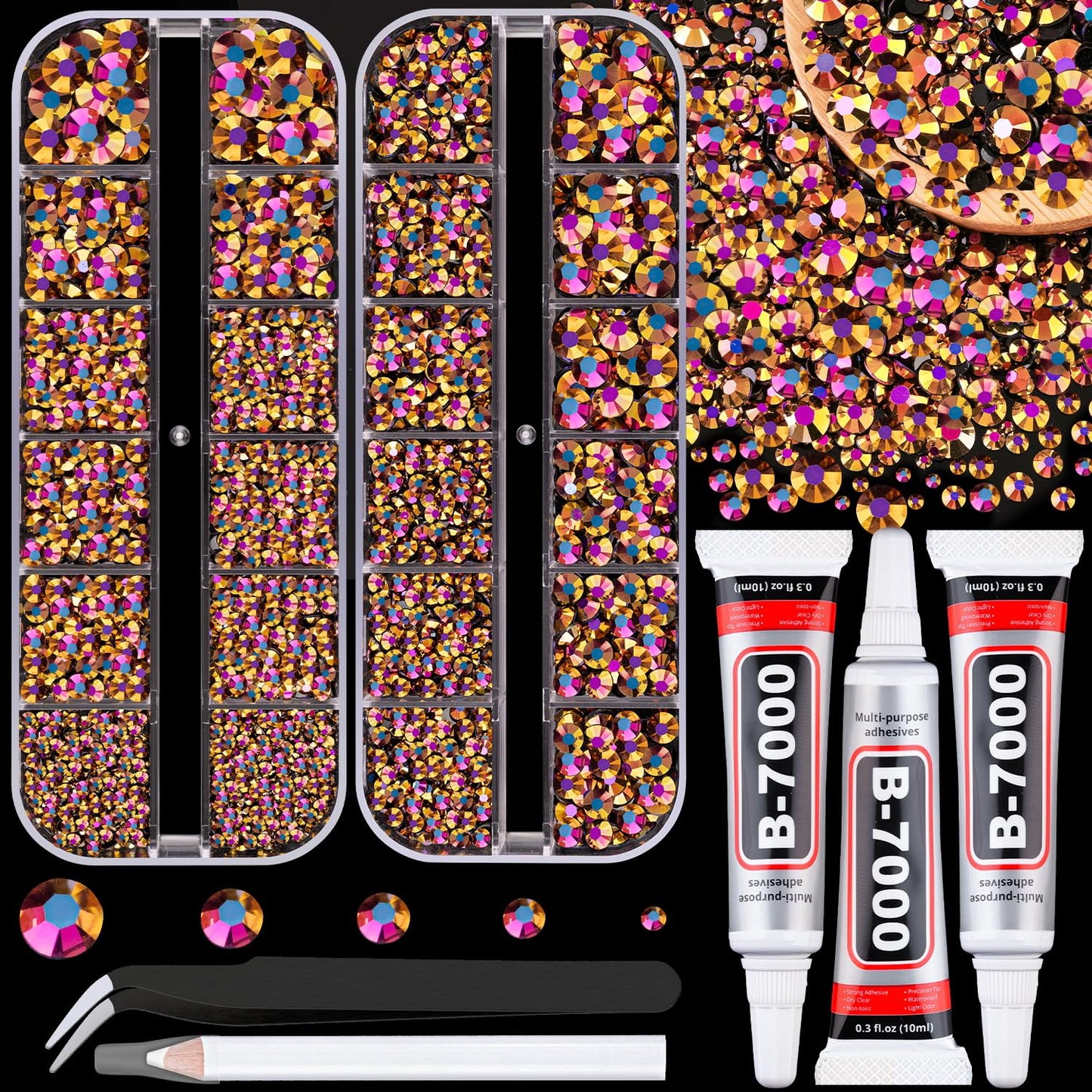 32000 Pcs Black Rhinestones - Flatback Resin Gems for Bedazzling | Jewelry Glue & Tweezers Included