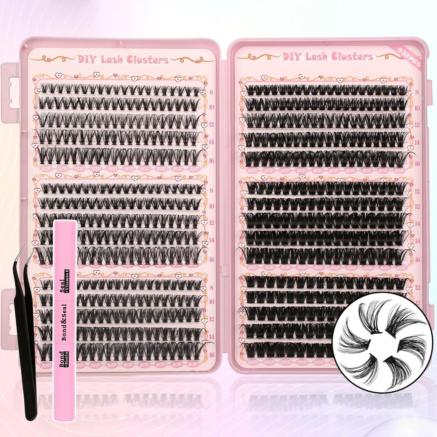 Lash Extension Kit - 640 Pcs Volume C Curl Eyelash Clusters | DIY Cluster Extensions with Bond & Tweezers