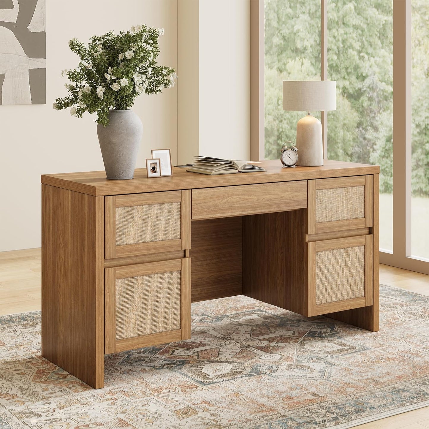 Yechen Executive Desk - 57" Modern Rattan Home Office Desk with Charging Station | Walnut Brown, 5 Drawers