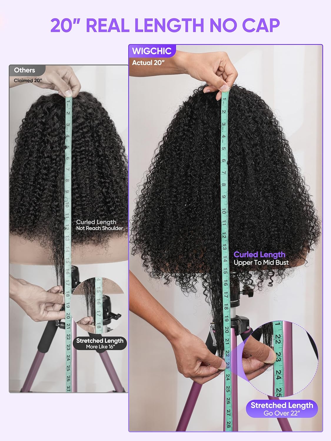 Kinky Curly Half Wig - Virgin Human Hair 1B | Glueless Drawstring | 22" True Length for Active Wear