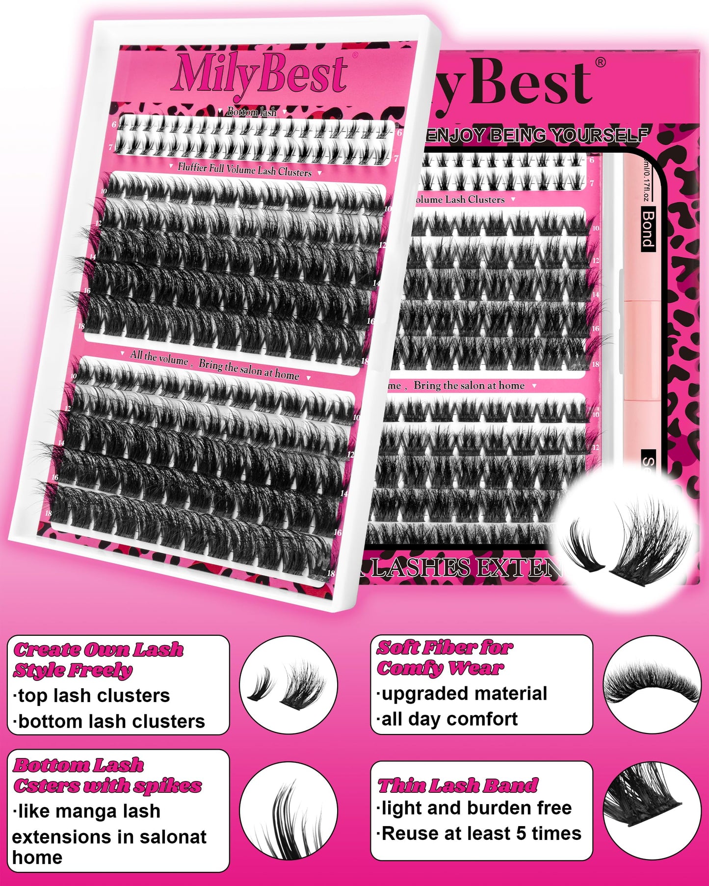 MilyBest Mist Lashes Clusters Kit Volume Eyelash Clusters Spiky 10-18mm Thick Full Cluster Eyelash Extensions D Curl Individual Cluster Lashes Natural Fairy Manga DIY Lash Extensions Kit at Home