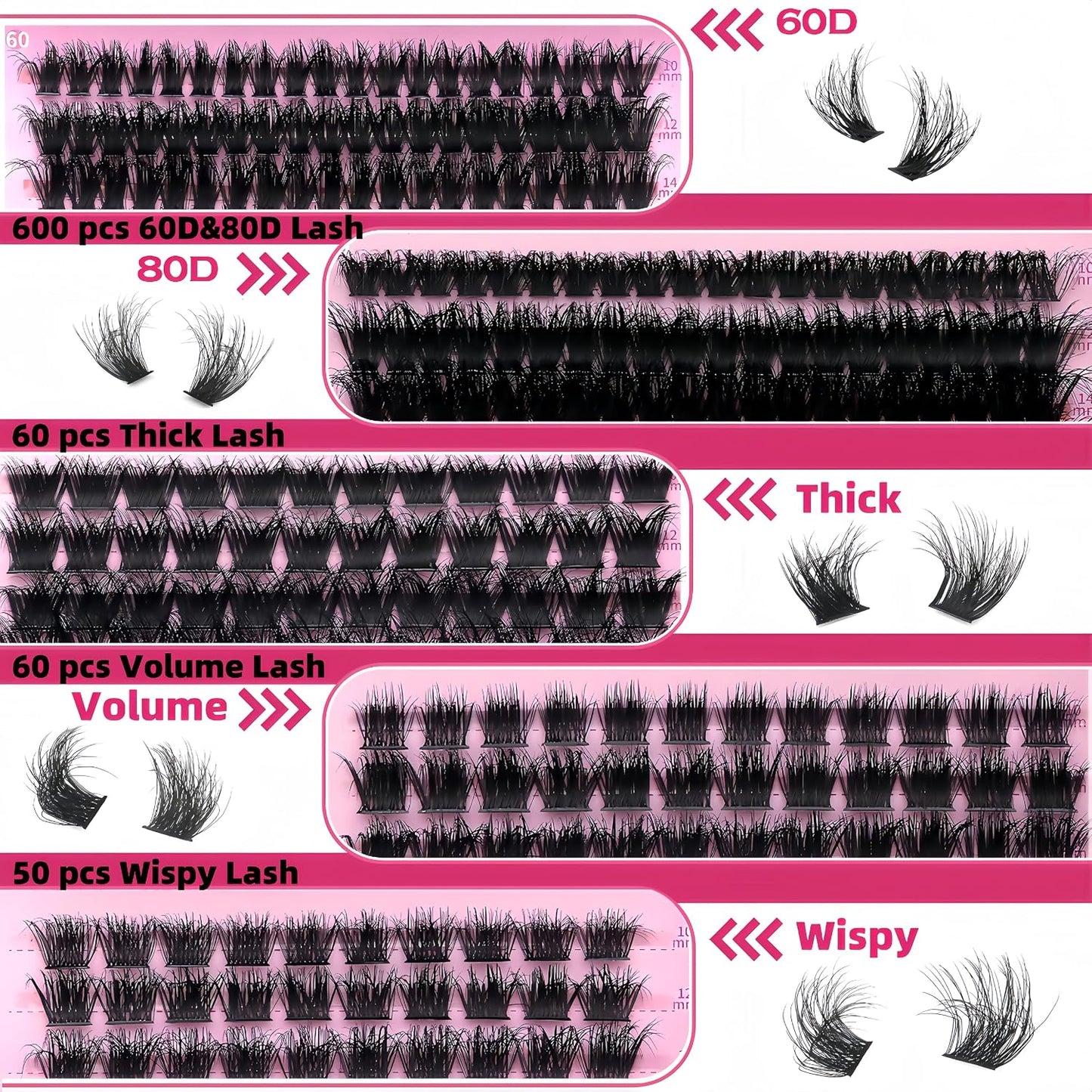 Lash Clusters Kit - 770 Pcs Faux Mink Volume Extensions | 5 Styles for DIY Home Use