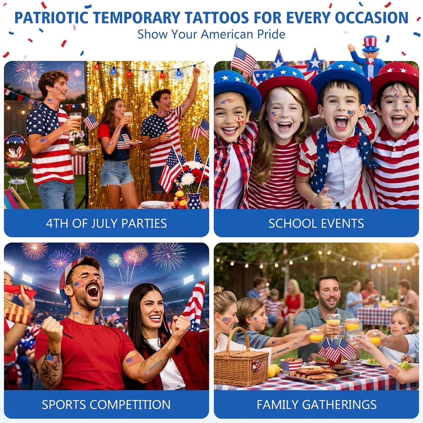 echosari 4th of July Temporary Tattoos, 105 PCS USA Tattoo Stickers, Fourth of July Body Art Decorations for Kids Memorial Day Party Celebration