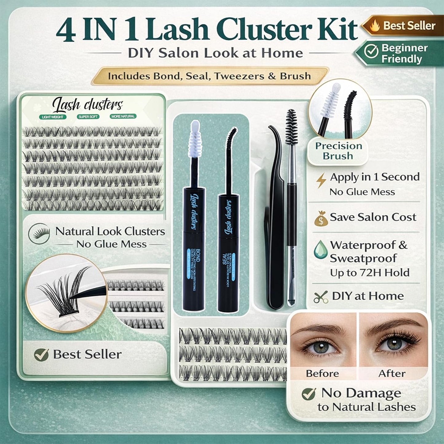Lash Clusters Kit - 640pcs Wispy 30D/40D D Curl Individual Extensions | Natural 9-16mm with Bond, Seal & Tweezers