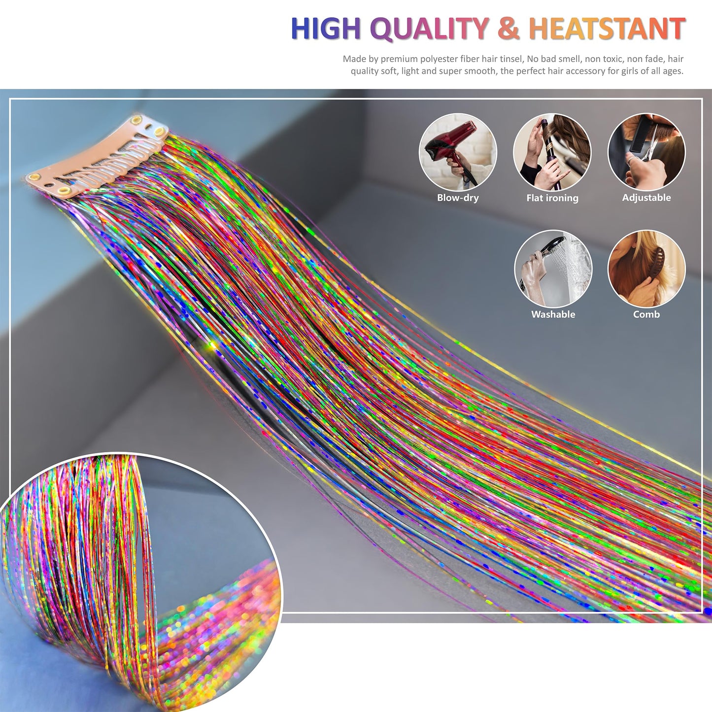 ONROCL Hair Tinsel Clip in Extensions 12Pcs 24 Inch Dreamy Colorful Glitter Hair Tinsel Kit for Fairy Grunge Hair Accessories Women Girls Festival Party Christmas New Year
