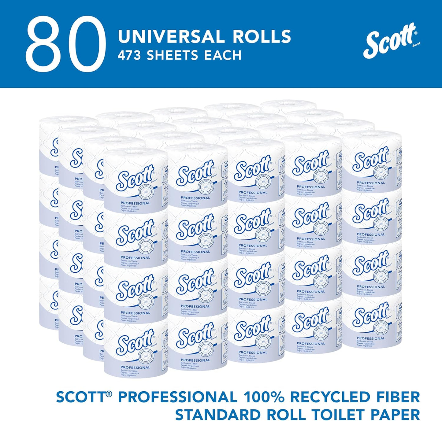 Scott Professional 100% Recycled Fiber Toilet Paper - 2-Ply, Individually Wrapped | 80 Rolls, 37,840 Sheets