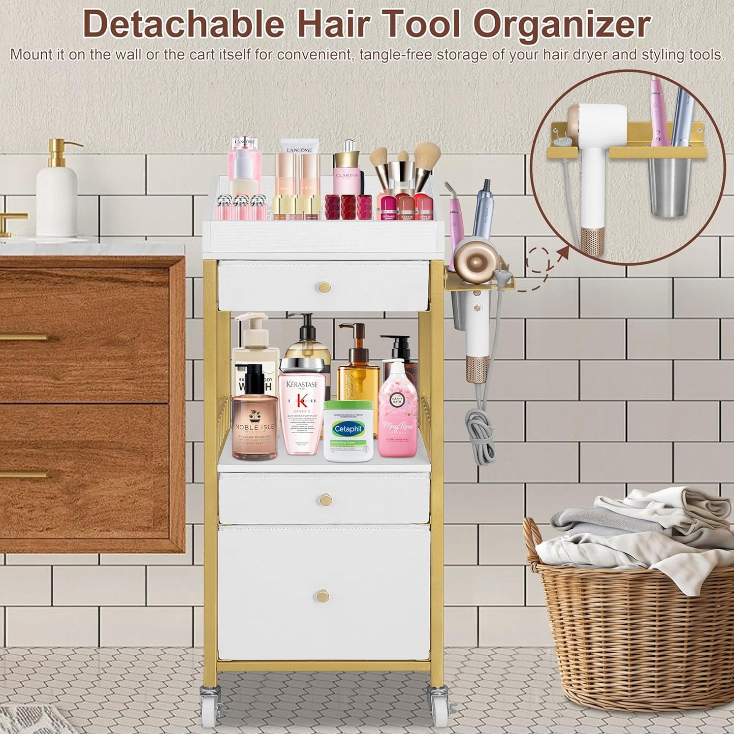 Makeup Organizer Cart - Rolling Vanity Storage with 3 Drawers & Adjustable Dividers | Gold & White