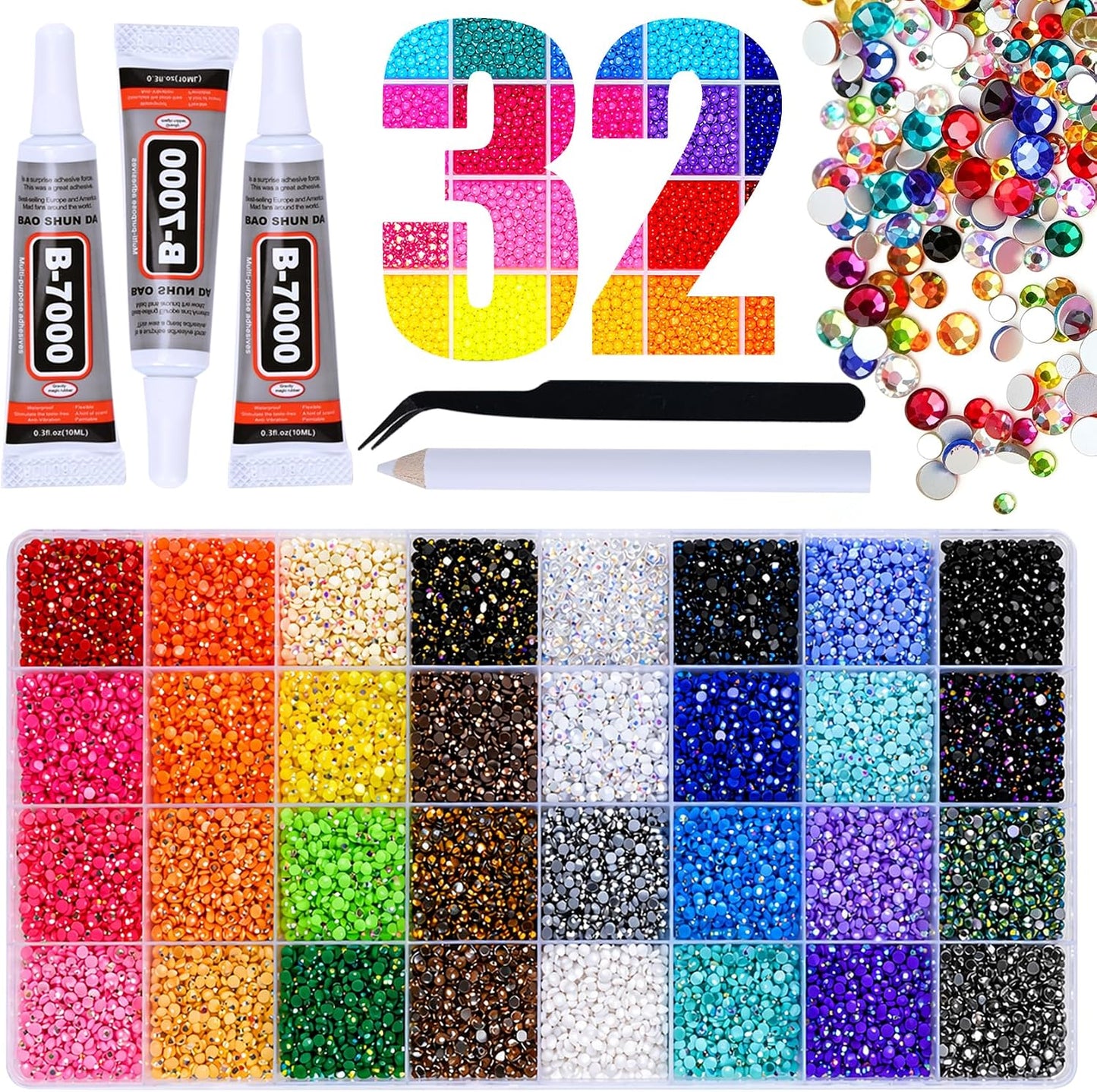 Flatback Rhinestones Bedazzling Kit - 40 Colors, 40000 Pcs with 3 Bottles B7000 Glue for Crafts | Jewelry, Clothes, Nails