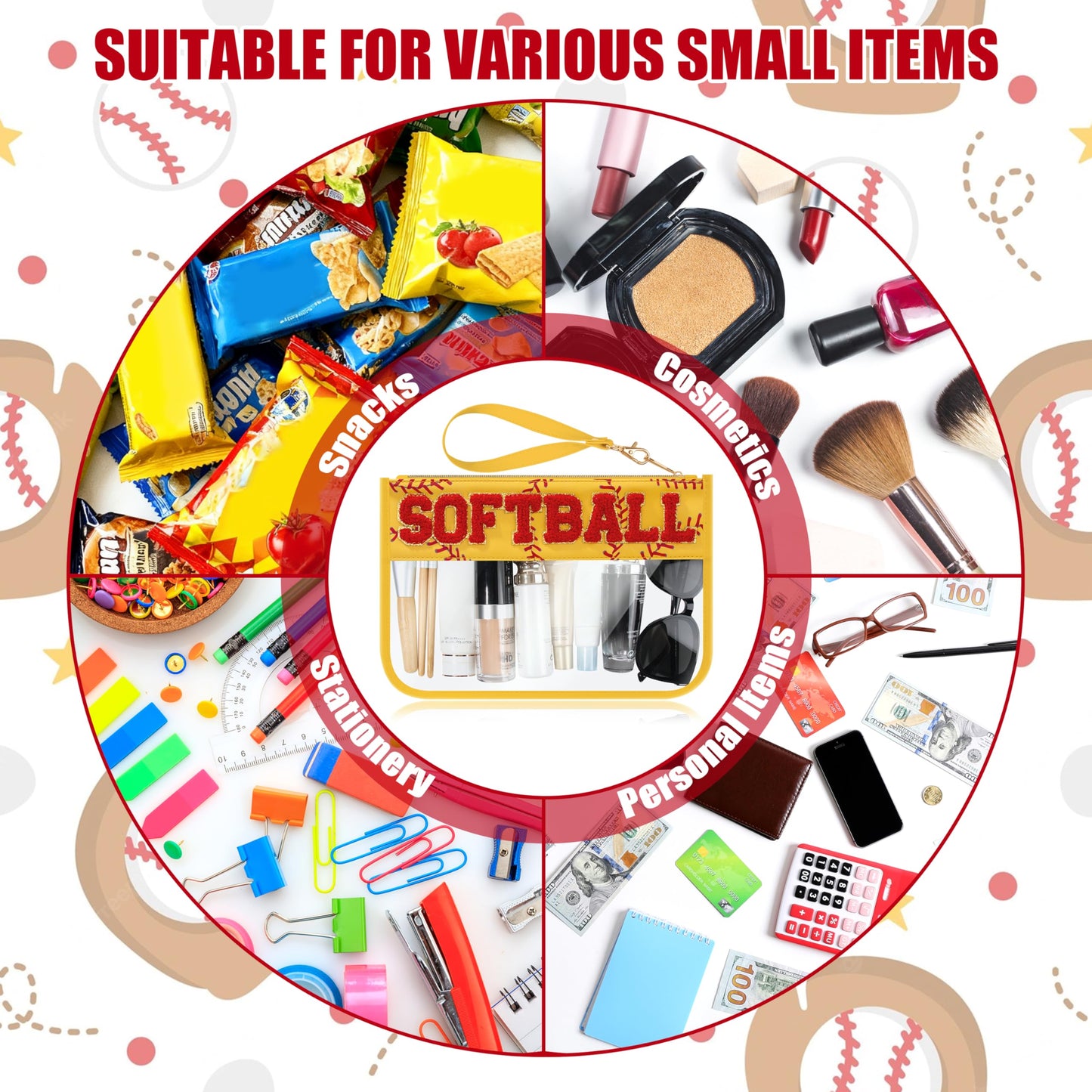 BuyCard Softball Gifts Makeup Bag with Chenille Letter Patch, Clear Cosmetic Pouch PVC Organizer Purse, Waterproof Travel Bag, Portable Toiletry Storage Bag for Her Friends