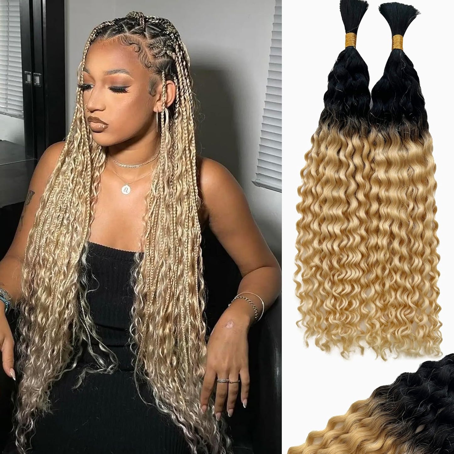 Braiding Human Hair Water Wave - 2 Bundles 100g Ombre Curly Extensions | 14 Inch Black/Brown Highlights