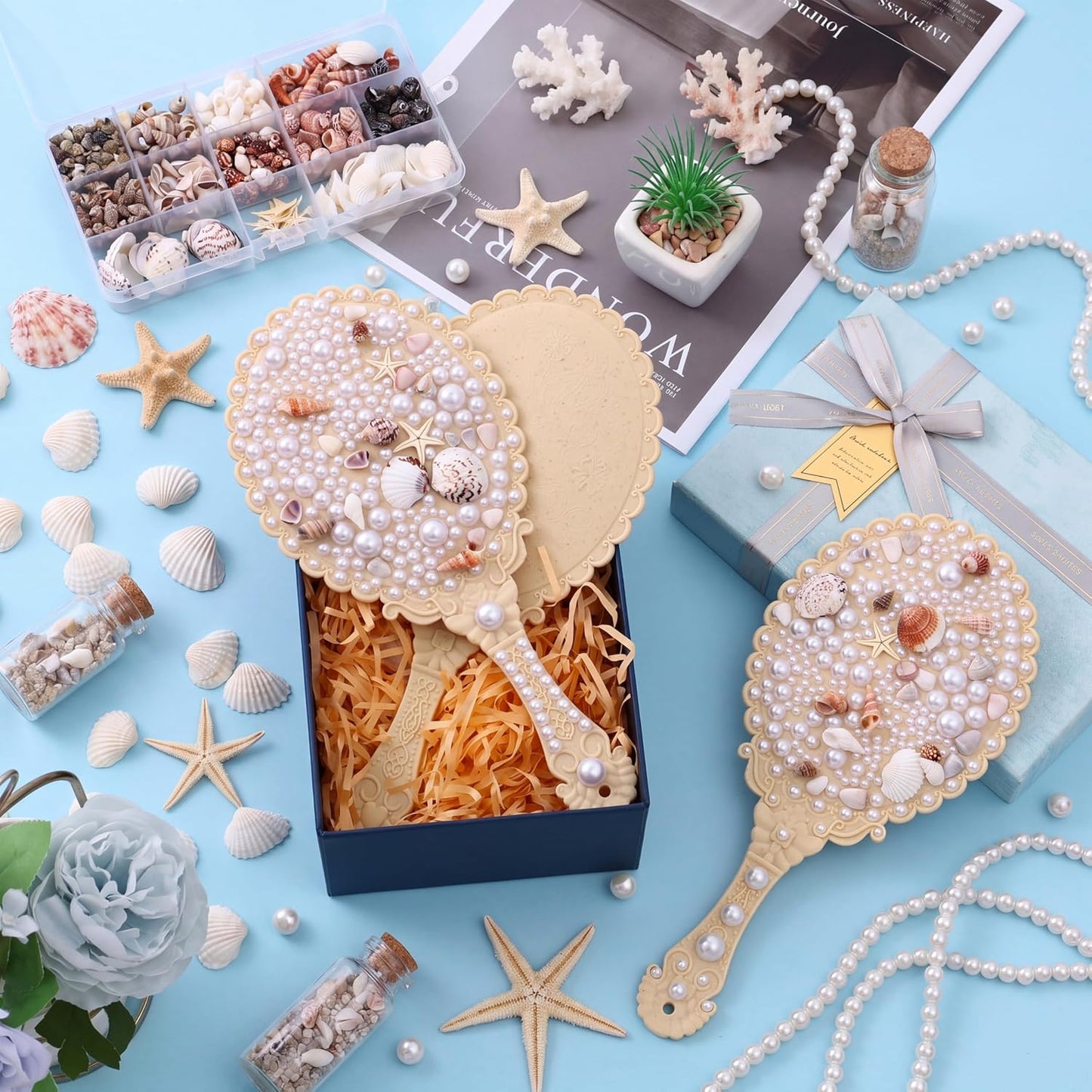 Mermaid Hand Mirror Crafts Kit - DIY Decor with Shells & Pearls | Perfect Party Favor for Weddings & Birthdays