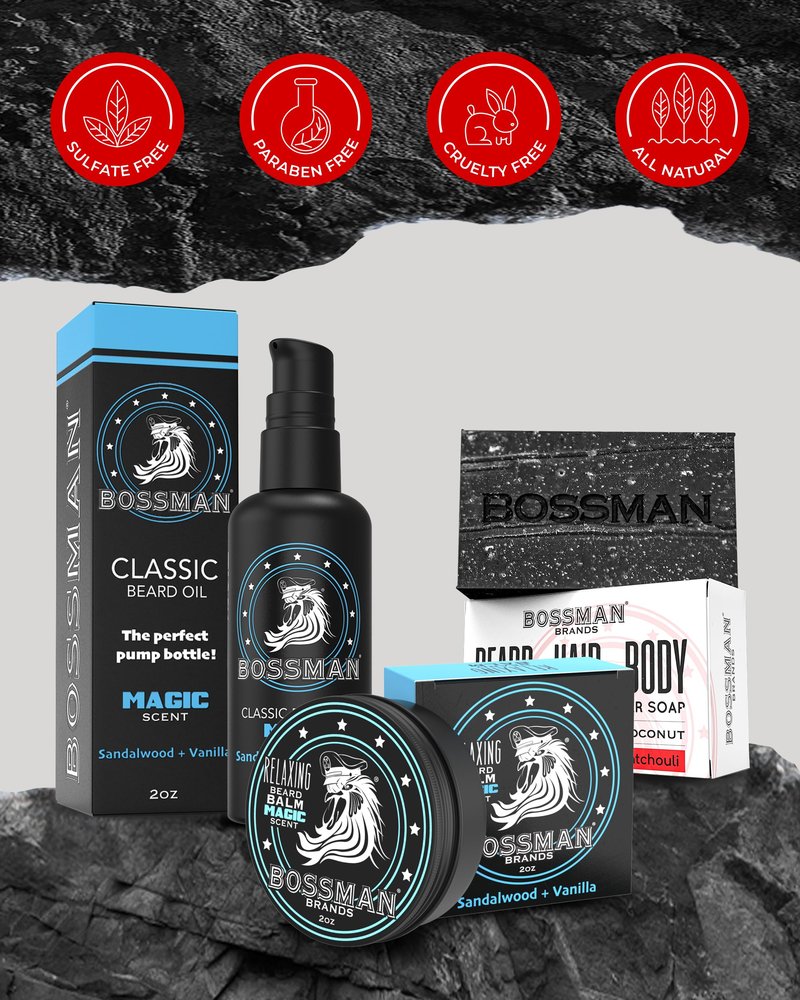 Bossman Starter Beard Kit for Men – Beard Oil (2 oz), Beard Balm & Bar Soap – Natural & Organic Grooming Kit – Made in the USA Men Gift Set (Magic Scent)