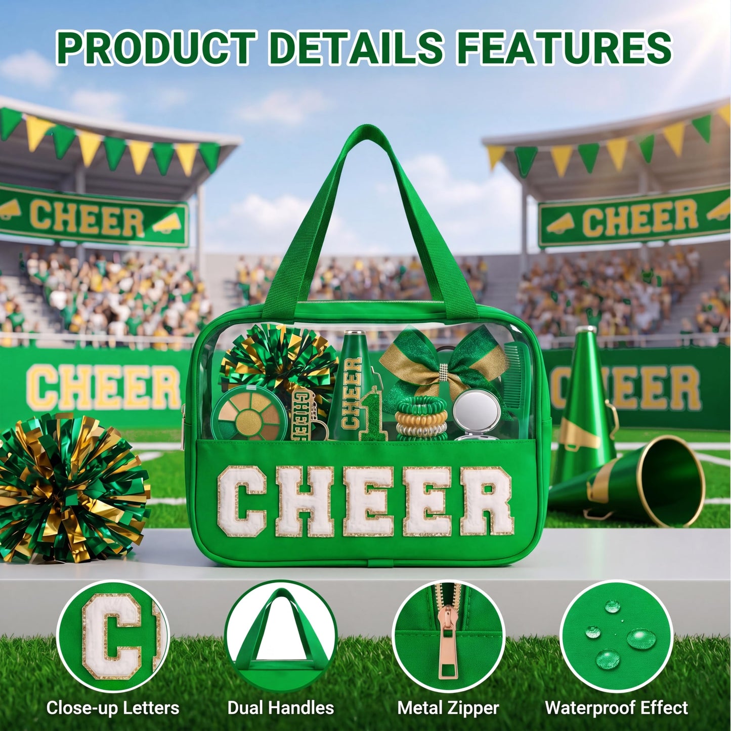 KYTACCU Cheer Makeup Bag Cheerleader Gifts Cheer Chenille Letter Cosmetic Bag Cheerleading Competition Accessories Clear Travel Toiletry Pouch for Girls Women-Green