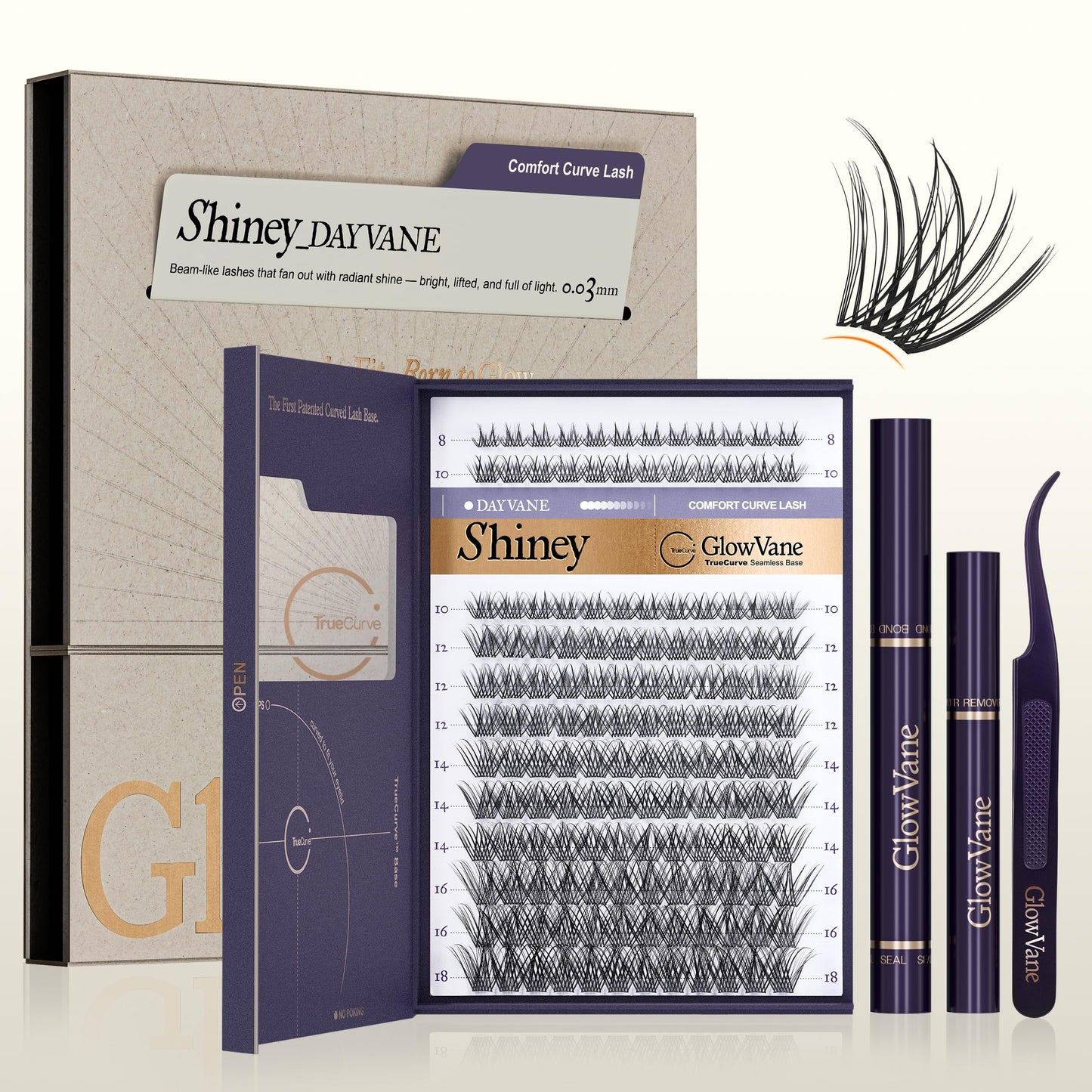 GlowVane TrueCurve Lash Clusters Kit, Soft Natural Look Eyelash Clusters for All-Day Comfort, 0.03mm Wispy D Curl Lashes, 8-18mm Lightweight Curved Band Lashes, Use-Friendly (Shiney Kit)