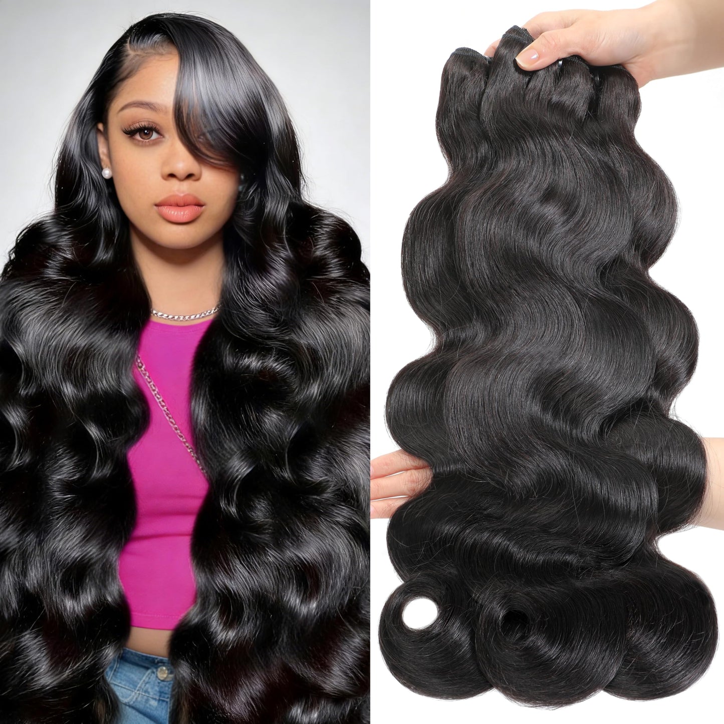 16A Body Wave Bundles Human Hair, 20 22 24 Inch 3Pcs Raw Bundles Human Hair Extensions, Direction Cuticles, Unprocessed Virgin Real Human Hair, Retains Silky Soft and Thick 3X Longer Lifespan,Reusable