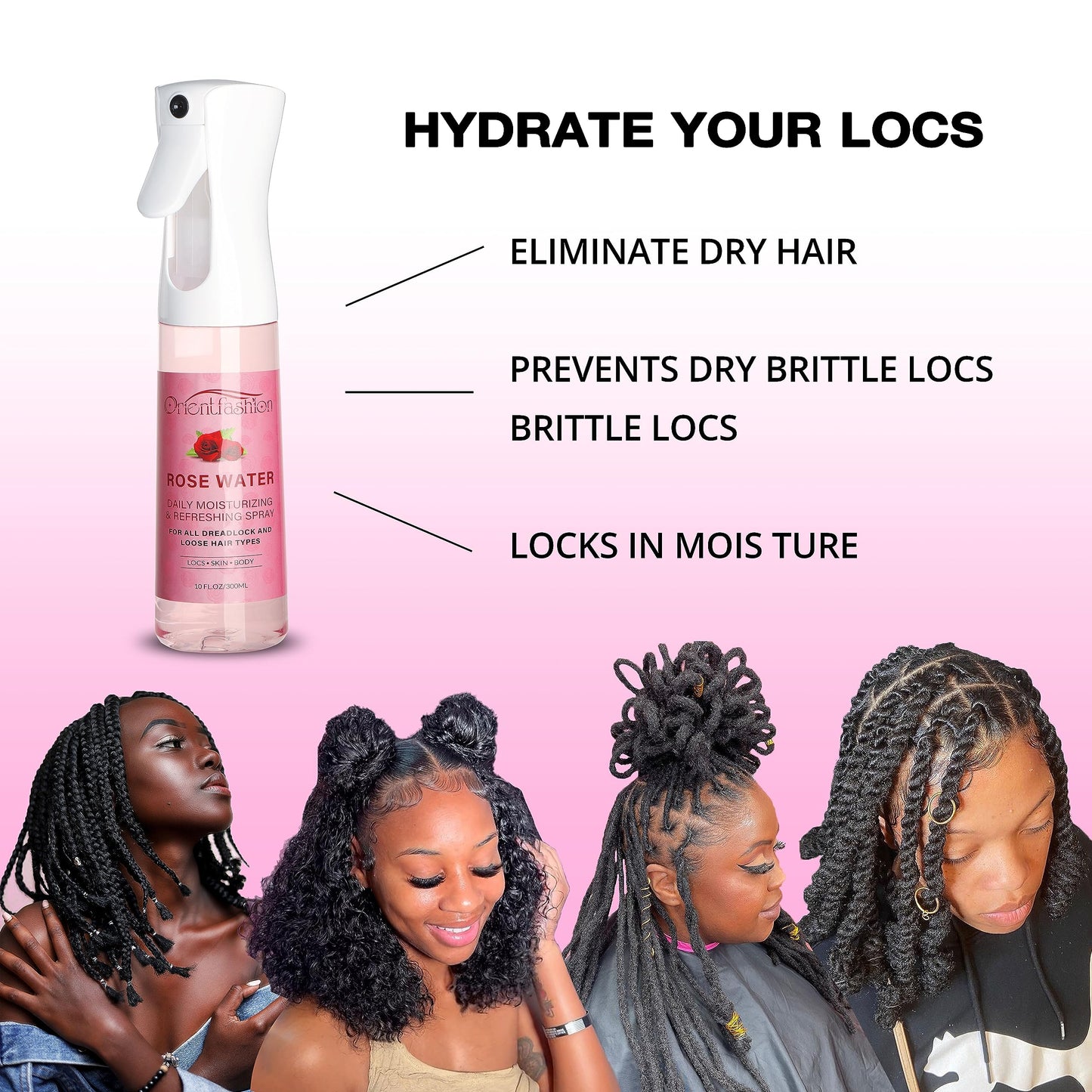 Orientfashion 10 Fl Oz Rose Water Spray for Locs, Loc Moisturizer Refreshing Spray Rosewater Hair Scalp Moisturizer for Hair Care and Maintenance, Castor Oil