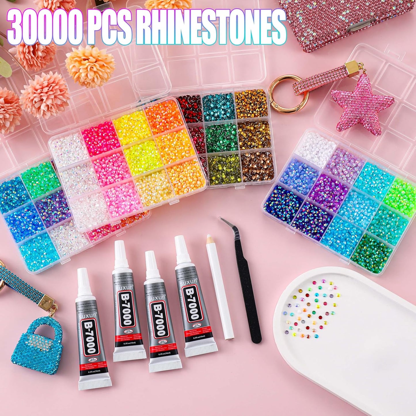 Rhinestone Bedazzling Kit - 30,000 Flatback Gems with B7000 Glue, Tweezers & Pickup Pen | 48 Vibrant Colors for Nail Art & Crafts