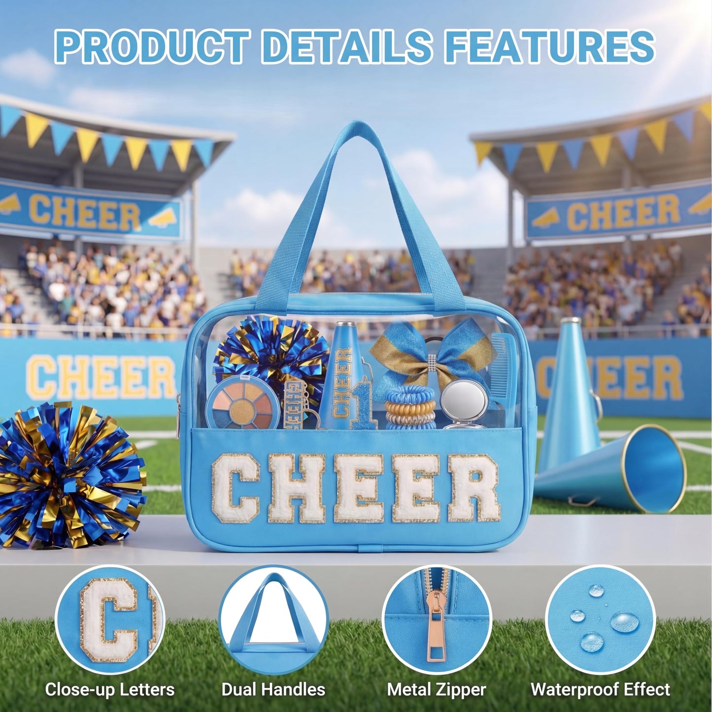 KYTACCU Cheer Makeup Bag Cheerleader Gifts Cheer Chenille Letter Cosmetic Bag Cheerleading Competition Accessories Clear Travel Toiletry Pouch for Girls Women-Sky Blue