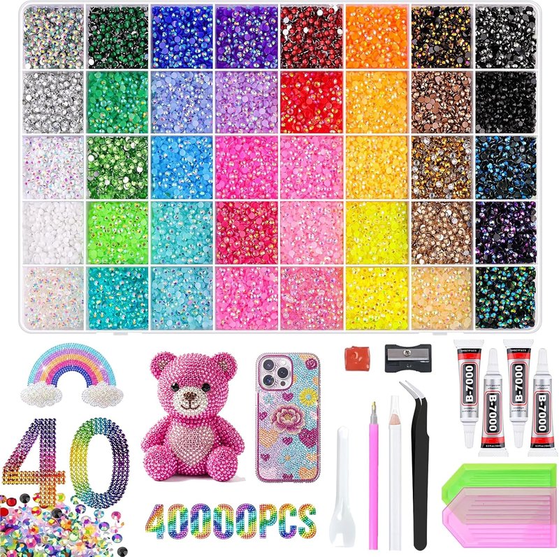 Resin Jelly Rhinestones - 40 Colors 3mm Flatback Gems Kit with B7000 Glue & Tools | DIY Crafting, Nail Art & More