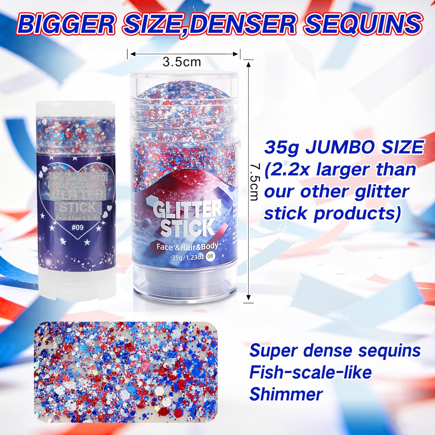 MEICOLY 4th of July Face Glitter Stick,1.23 OZ Red, White and Blue Hair Glitter Patriotic Accessories Outfits for Women,Chunky Fourth of July Body Glitter Makeup for Independence Day