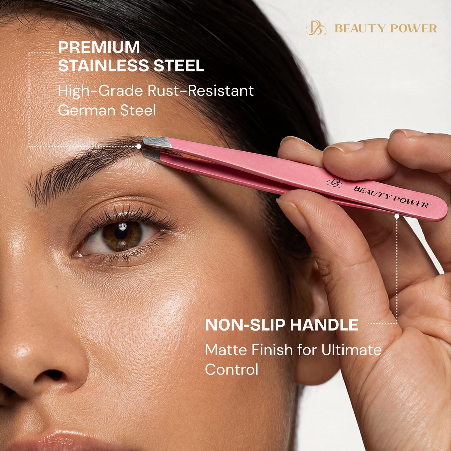 Beauty Power Professional Tweezers in Case - Slant, Durable Lightweight German Stainless Steel, Ultra Precision Tweezers for Eyebrows, Facial Hair, Chin, and Ingrown Hair Removal - Gift Idea - Pink