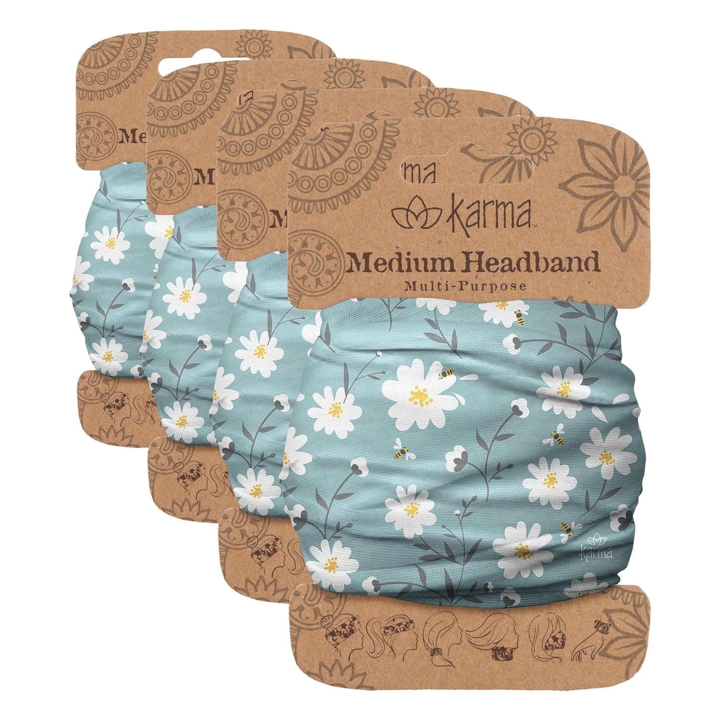 Floral Headband for Women | Stretchy Fabric Hair Scarf - Light Tan & Blue - Medium Size