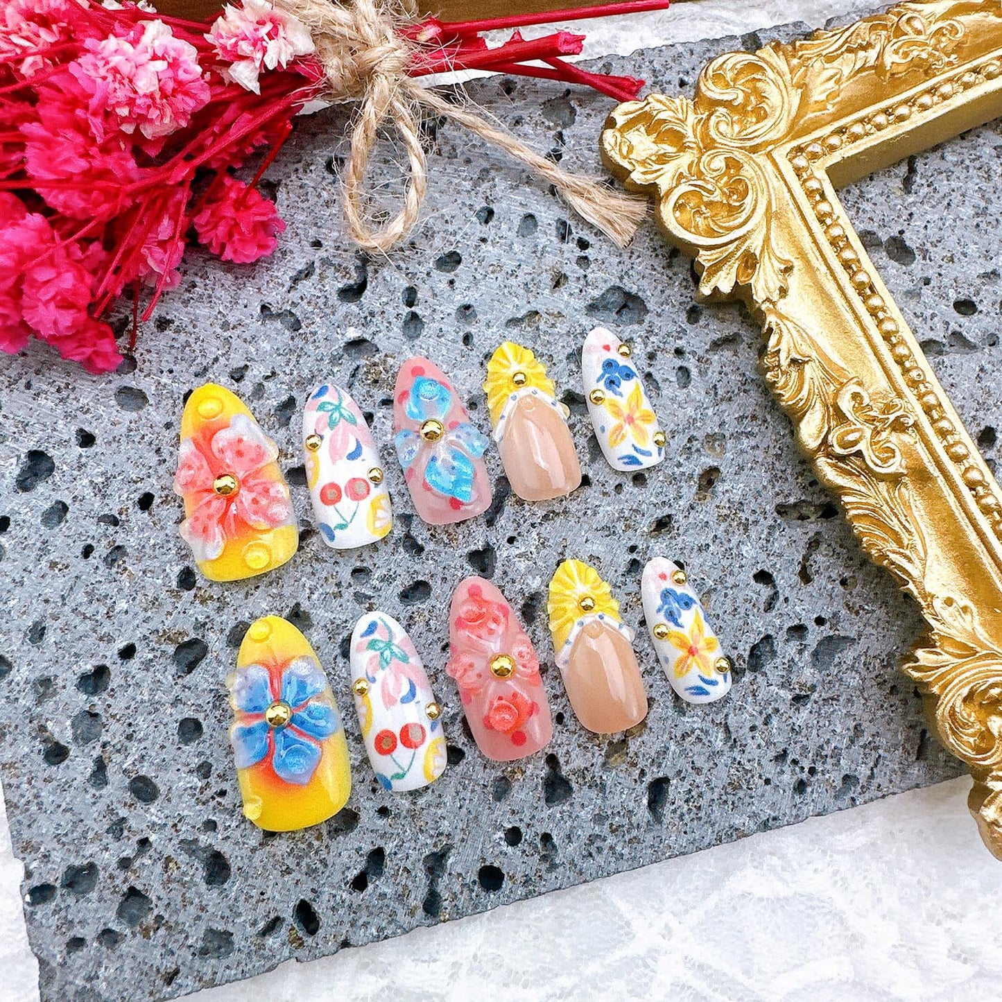 30Pcs Summer Press-On Nails - Medium Almond 3D Lemon French Tip Acrylic Nails | Full Cover Floral Design