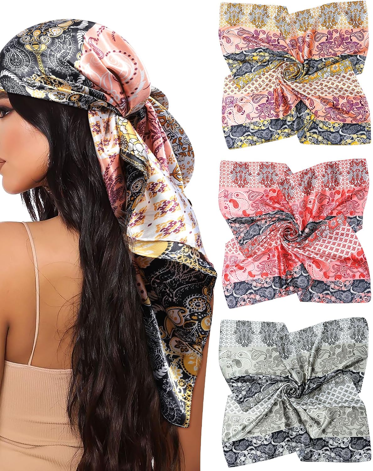 Silk Satin Head Scarf for Women - 35” Square Bandanas | 3 Pack Hair & Neck Scarves for Sleeping