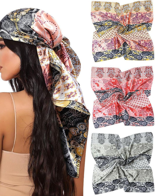 Silk Satin Head Scarf for Women - 35” Square Bandanas | 3 Pack Hair & Neck Scarves for Sleeping