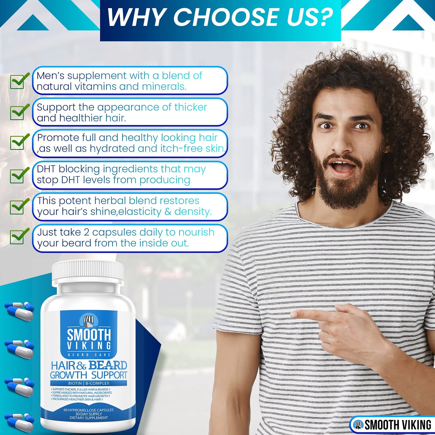 Beard Growth Supplement - Hair Growth Vitamins for Men (60 Capsules) - 5000 MCG Biotin & DHT Blocker for Hair Loss Treatment - Beard Pills for Thicker, Stronger Hair