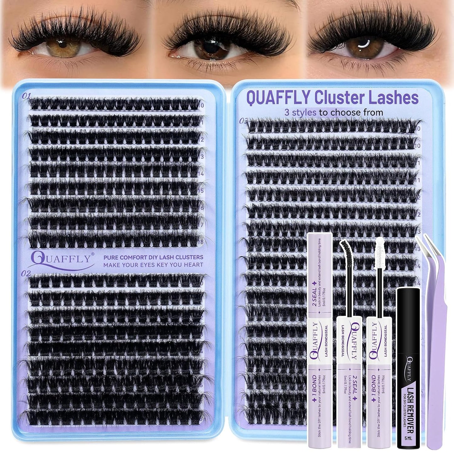 DIY Lash Extension Kit - 100D & 150D Volume Lash Clusters with Spikes | Wispy Bottom Lashes, Bond & Seal, Easy Application
