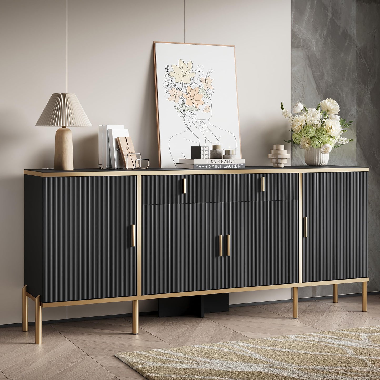 oneinmil 60” Modern Sideboard Buffet Cabinet, Fluted Storage Sideboard with Adjustable Shelves & Pop-Up Doors, Multifunctional Accent Cabinet for Kitchen, Living Room, Hallway, Black and Gold