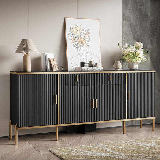 oneinmil 60” Modern Sideboard Buffet Cabinet, Fluted Storage Sideboard with Adjustable Shelves & Pop-Up Doors, Multifunctional Accent Cabinet for Kitchen, Living Room, Hallway, Black and Gold