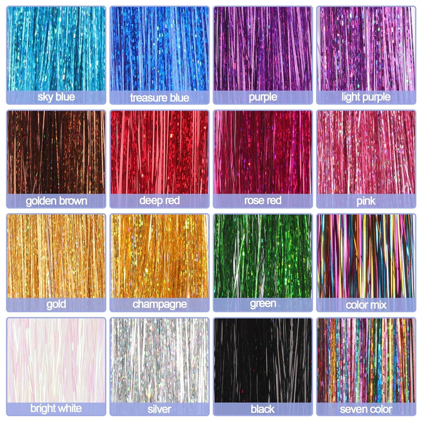 Hair Tinsel Extensions Kit - 48 Inches, 3300 Strands | 16 Color Sparkling Glitter for Cosplay & Parties