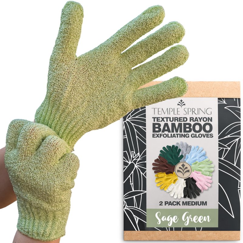 Temple Spring Shower Gloves Exfoliating for Women – Natural Textured Rayon Bamboo Exfoliating Glove with Thicker Weave for Deep Cleansing, Dead Skin Removal & Smooth Radiant Skin (1 Pair, Sage Green)