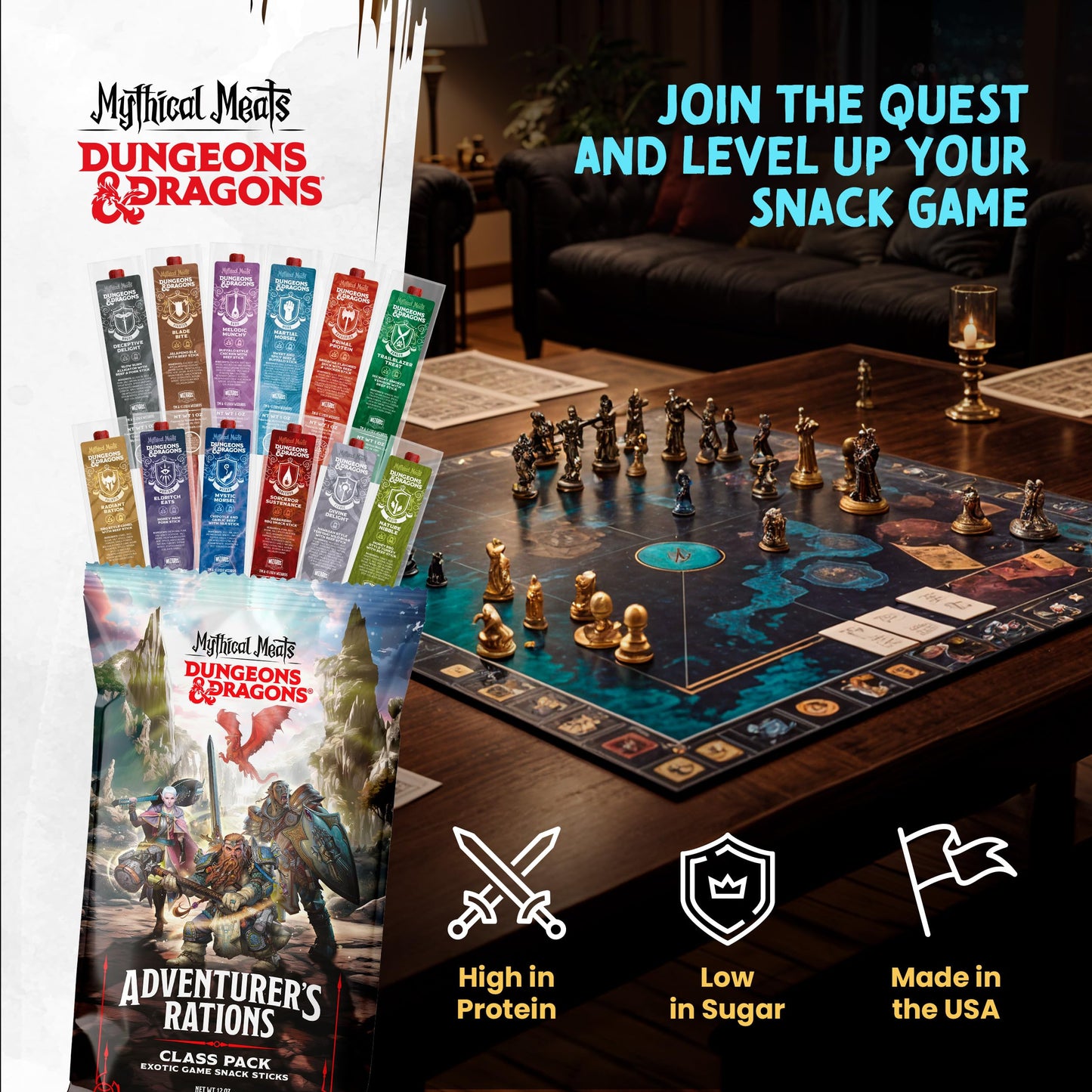 Mythical Meats Beef Jerky Snack Packs – Dungeons and Dragons gifts for Men – Exotic Meat Stick Variety Pack – High Protein, Low Sugar, Keto-Friendly, MSG Free – 12 Pack