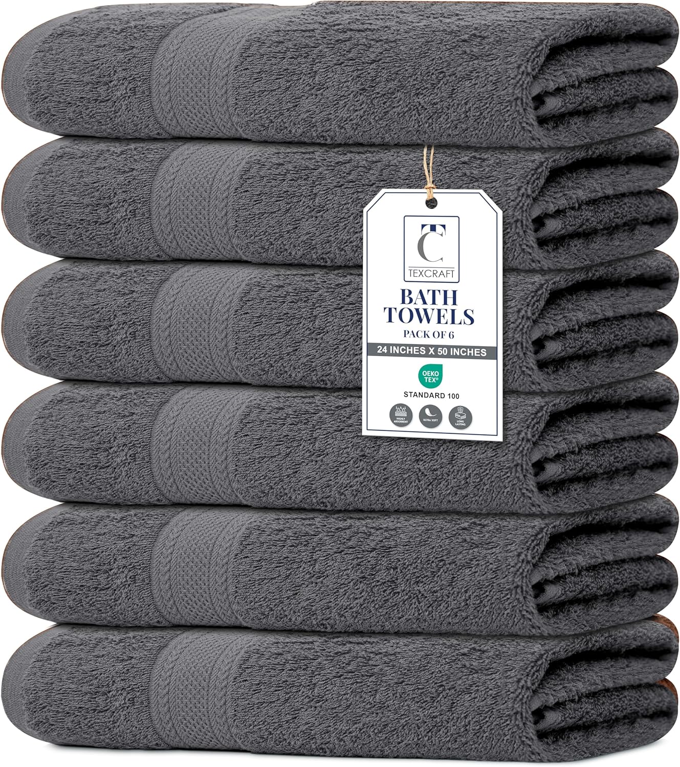 Large Bath Towels Set of 6 - 100% Cotton Terry, Quick Dry & Soft - 24" x 50", Grey for Bathroom, Gym & Spa