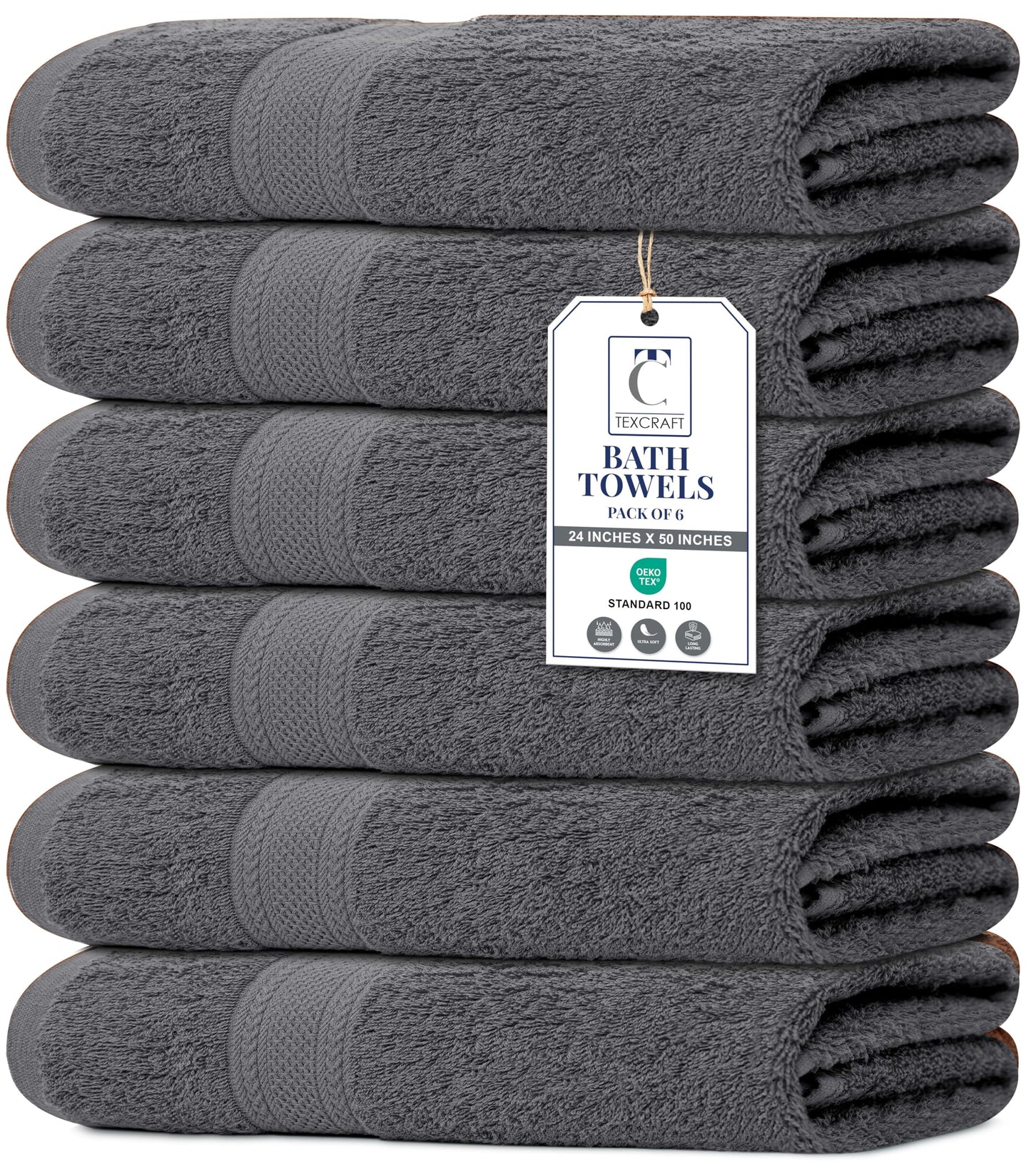 TEXCRAFT Large Bath Towels Set of 6 – 100% Cotton Terry – 24" x 50" – Quick Dry, Soft & Highly Absorbent – Grey Towels for Bathroom, Gym, Spa, Pool & Daily Use