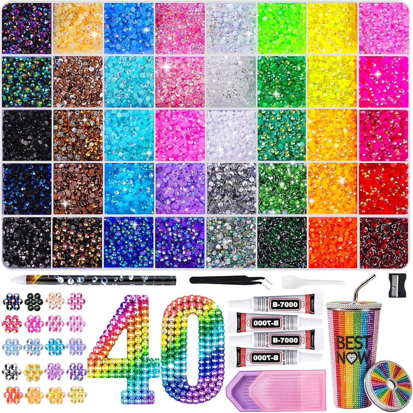 Resin Jelly Rhinestones - 46000 Pcs 3mm Flatback Crafting Kit | 40 Colors with B7000 Glue & Tools for Nail Art
