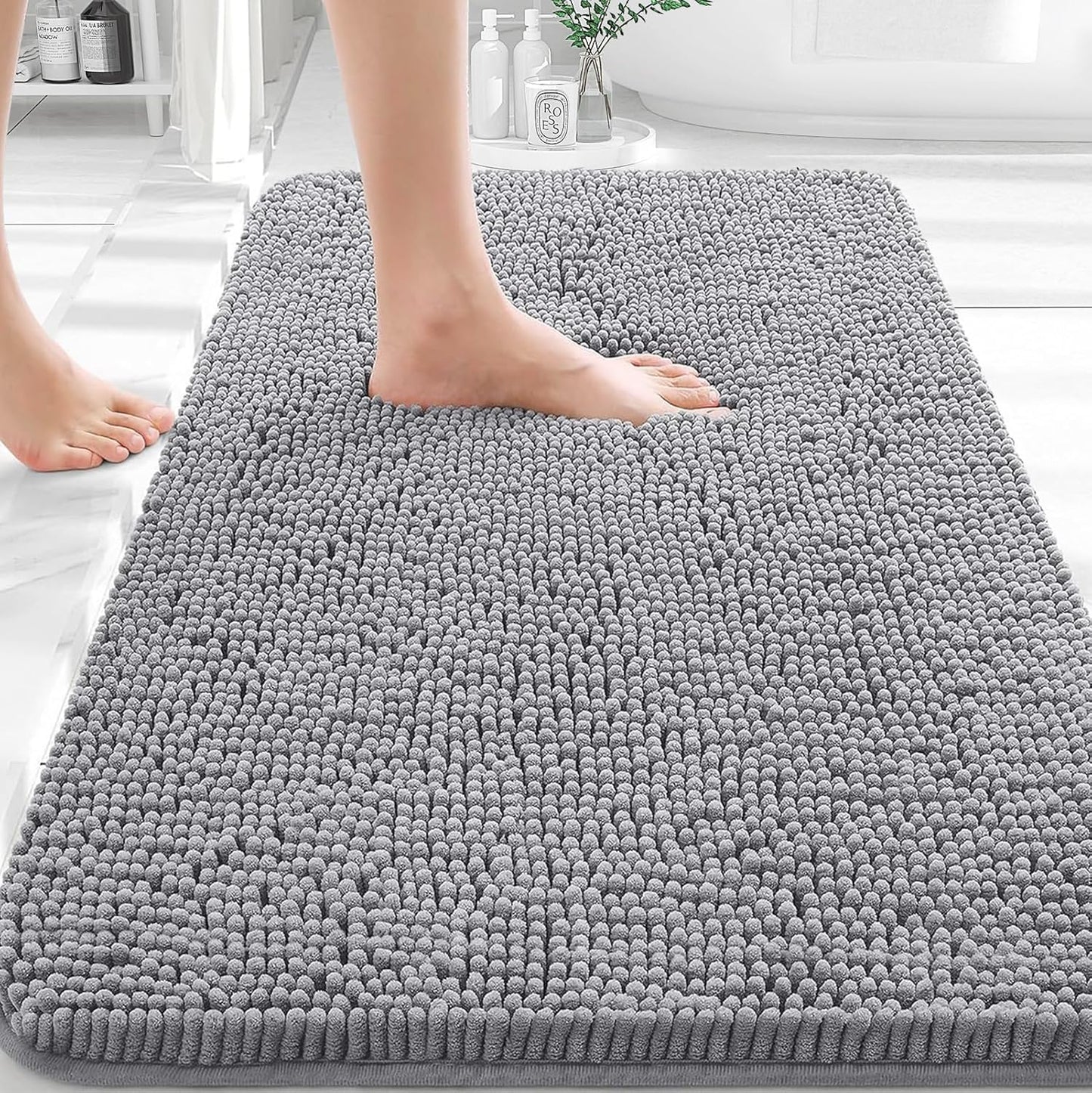 Extra Soft Chenille Bathroom Rugs - 30x20 Quick Dry, Machine Washable | Grey Bath Mats for Tub & Shower