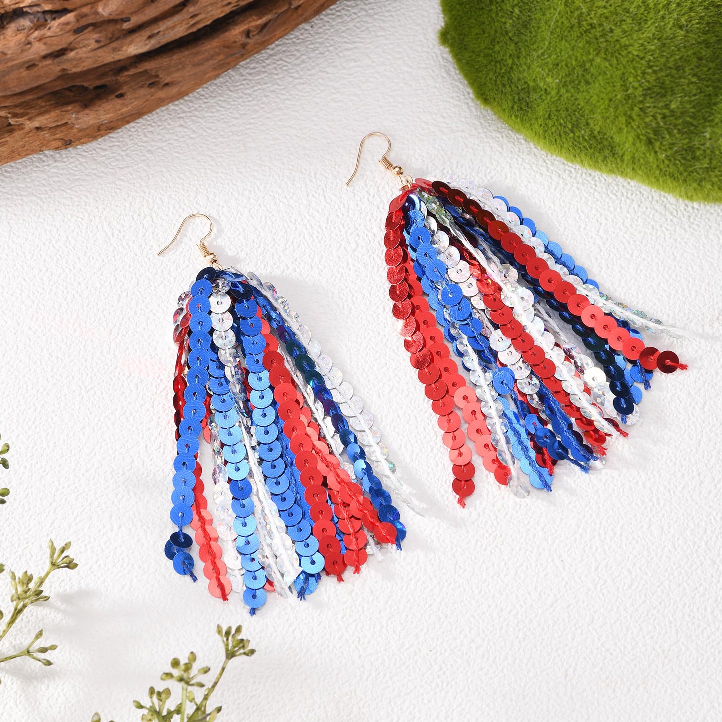RareLove Fourth of July Accessories Lightweight Patriotic Earrings Red White and Blue Sequins Fun Dangle Tassel Earrings for Women Alloy Plated