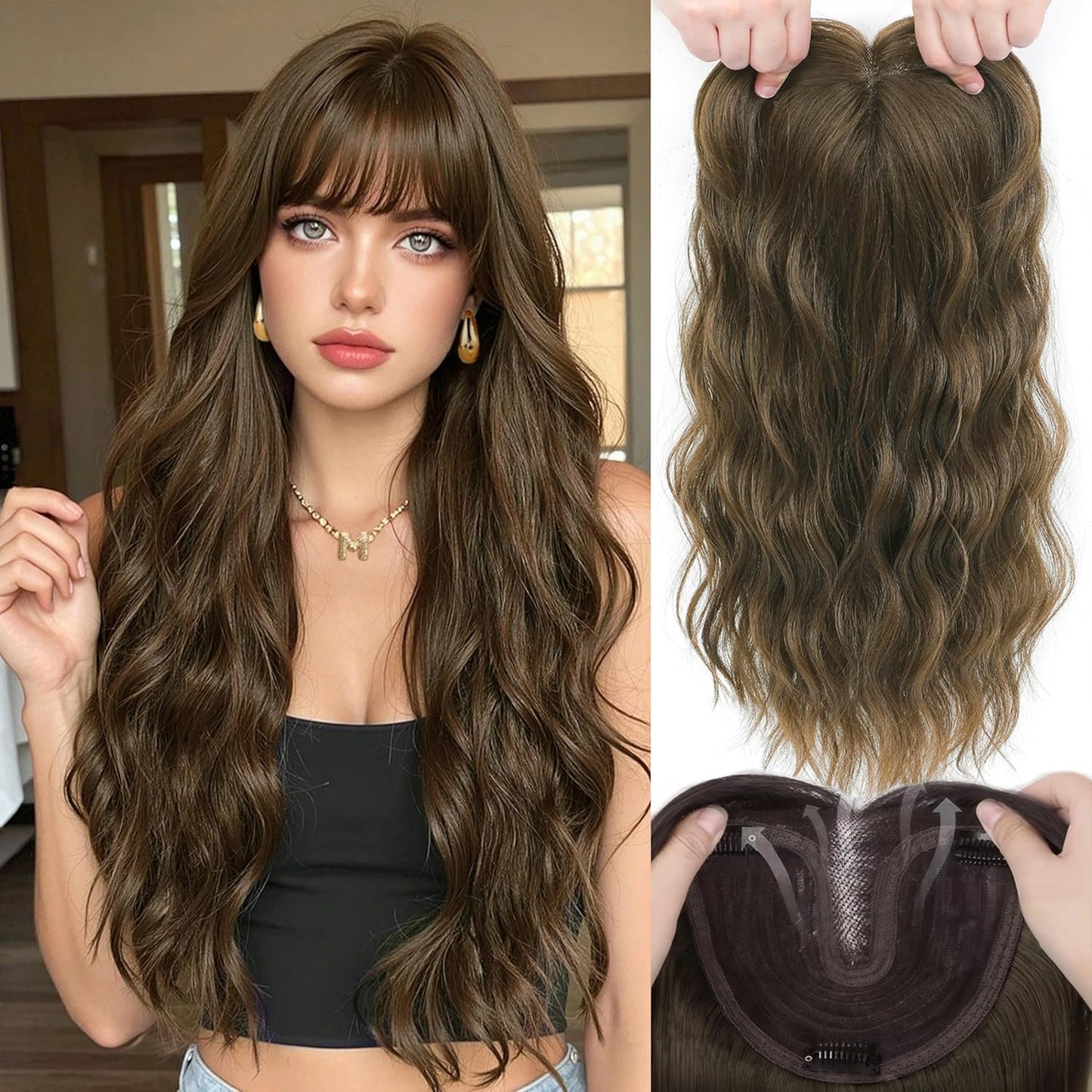 Hair Topper for Women - 16 Inch Synthetic Curly Clip-In with Curtain Bangs | Auburn Brown Lightweight Volume Piece