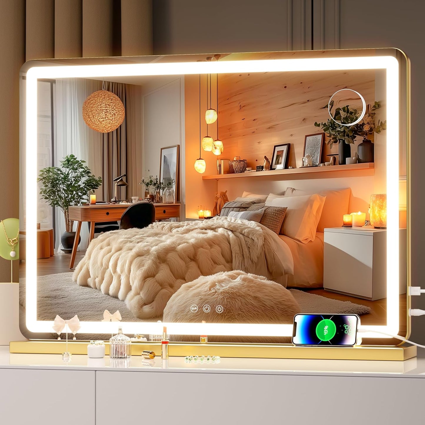 LED Makeup Mirror with Lights - 31.5" x 22" Dimmable Touch Screen Vanity Mirror | Round Black Design