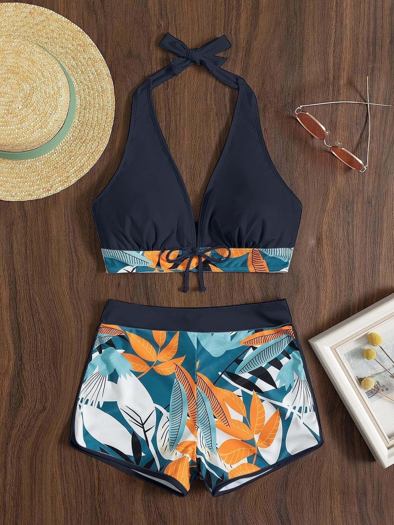 Women’s High Waisted Boyshort Bikini Set - Halter Top with Front Tie Leaf Print 2 Pieces Swimsuit Modest Bathing Suit