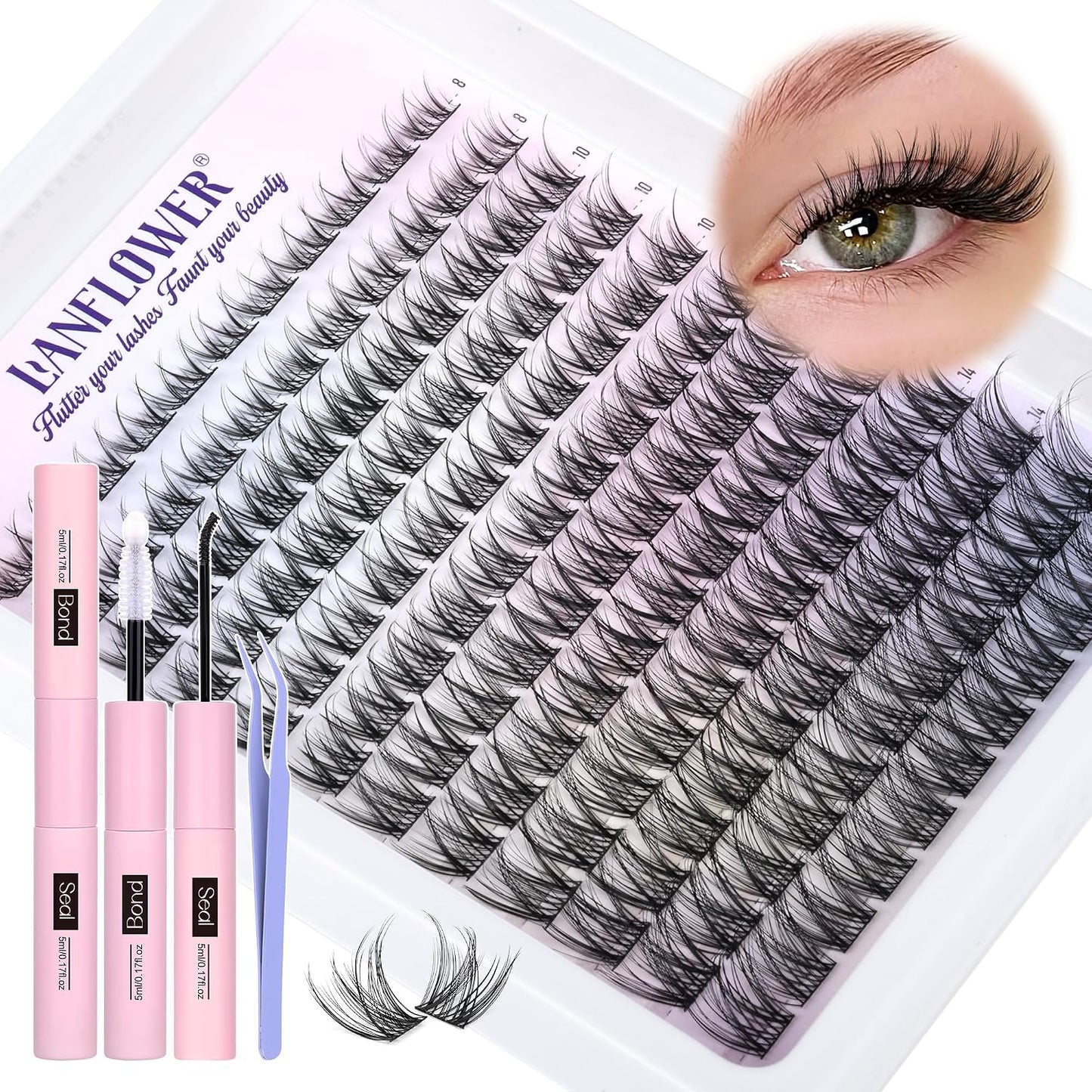 Natural Lash Clusters Kit - Wispy C Curved Eyelash Extensions | 8-16mm Individual Lashes with Bond & Tweezers