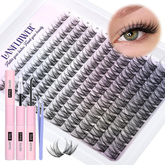 Natural Lash Clusters Kit - Wispy C Curved Eyelash Extensions | 8-16mm Individual Lashes with Bond & Tweezers