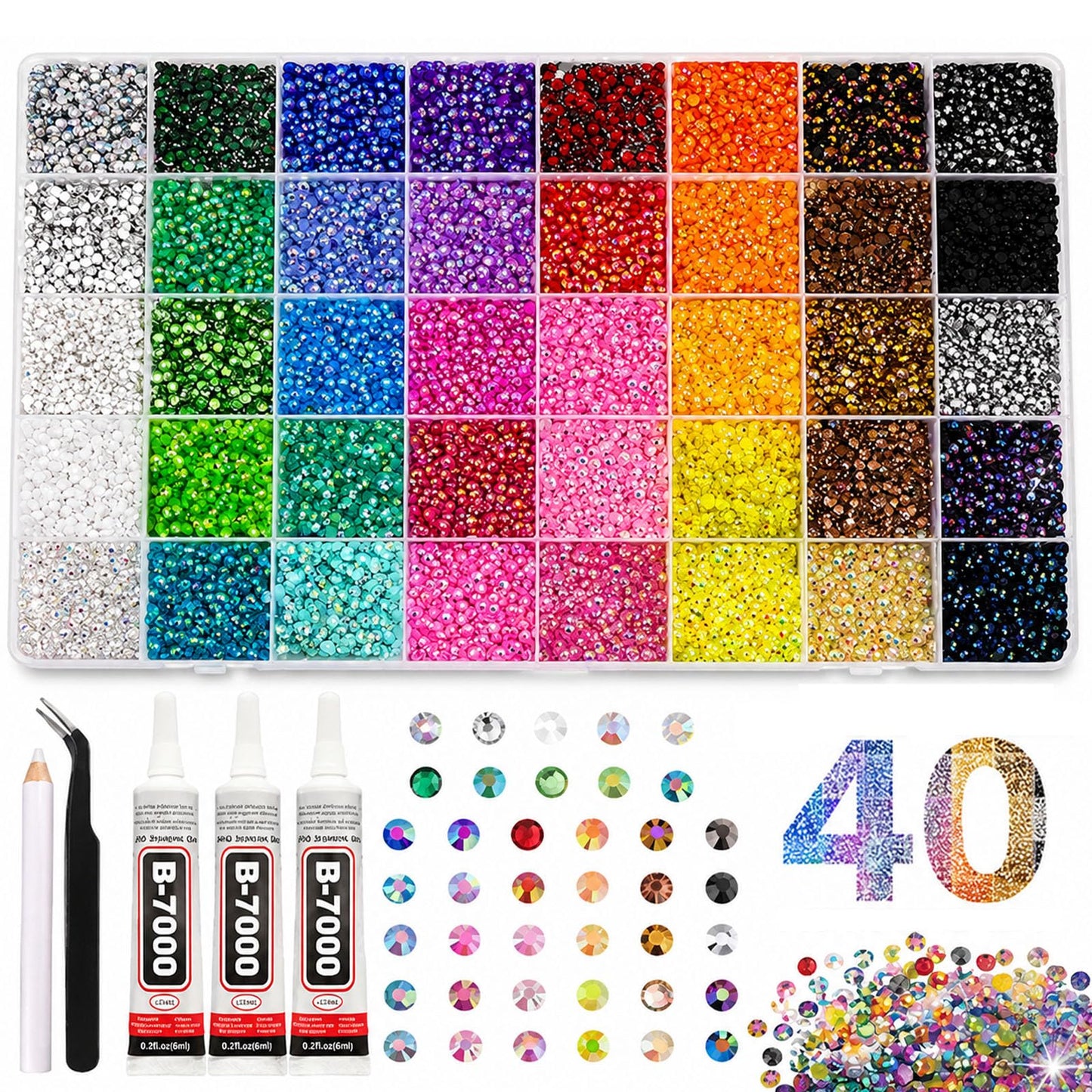 45000 Pcs 40 Colors Resin Jelly Rhinestones for Bedazzling Gems, Multicolor 3mm Flatback Badazzle Kit with 3 Pcs B7000 Jewelry Glue & Tools, All-in-One Bedazzling Kit DIY Arts & Crafts Gifts