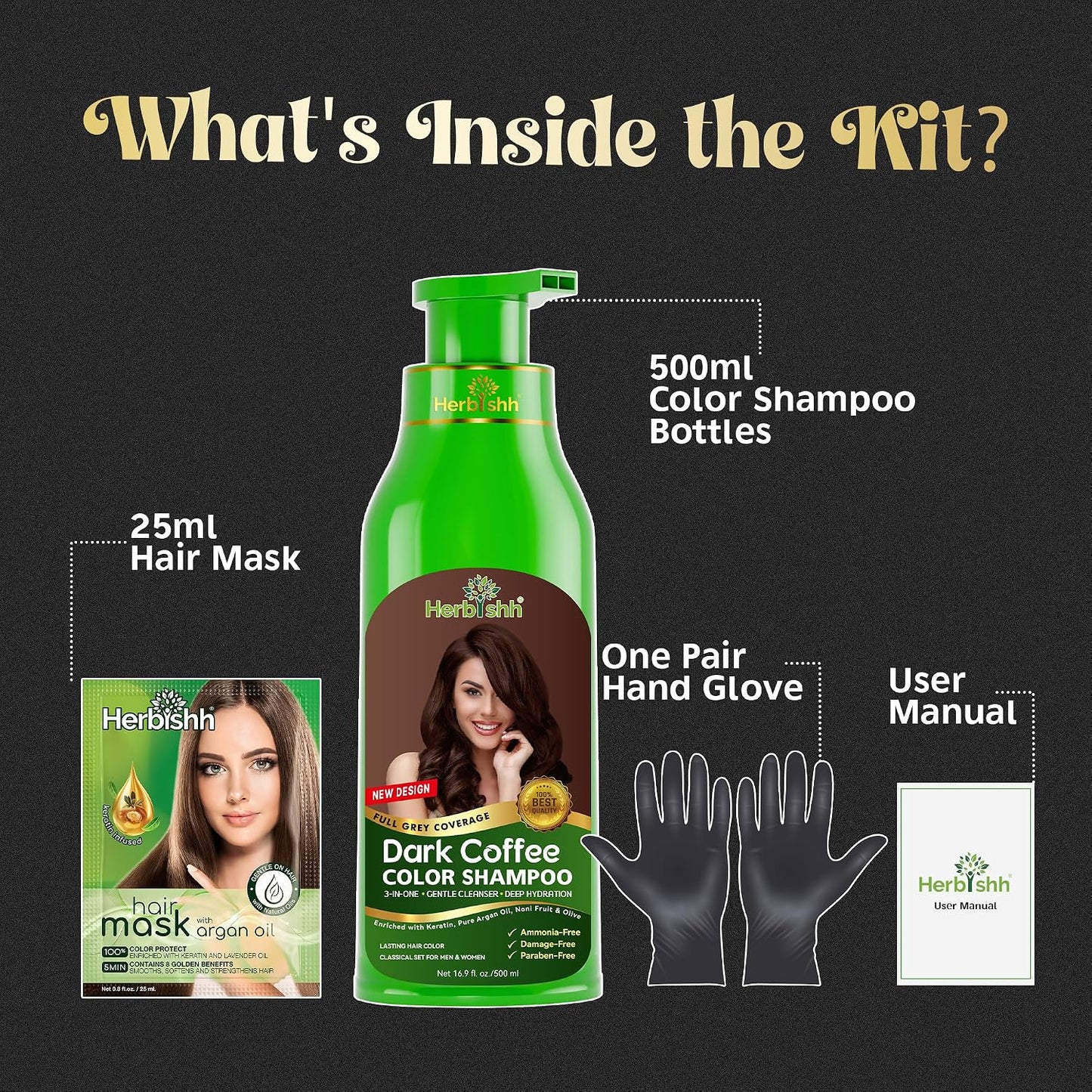 Herbishh Hair Color Shampoo for Gray Hair - Natural 3-in-1 Dye | Dark Coffee, 500ML, Lasts 3-4 Weeks